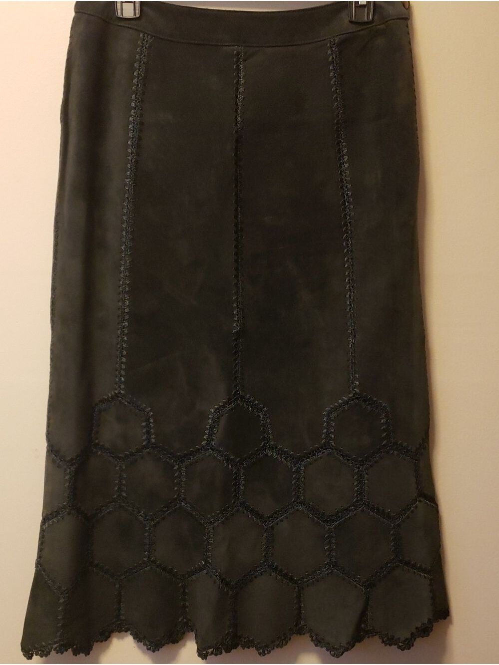 Vintage Sigrid Olsen Black Suede Maxi Skirt with Hexagon Patches